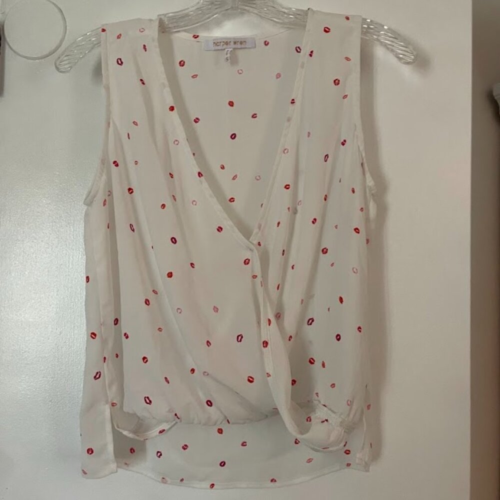 White Cross Front Tank with pink purple and red lip prints